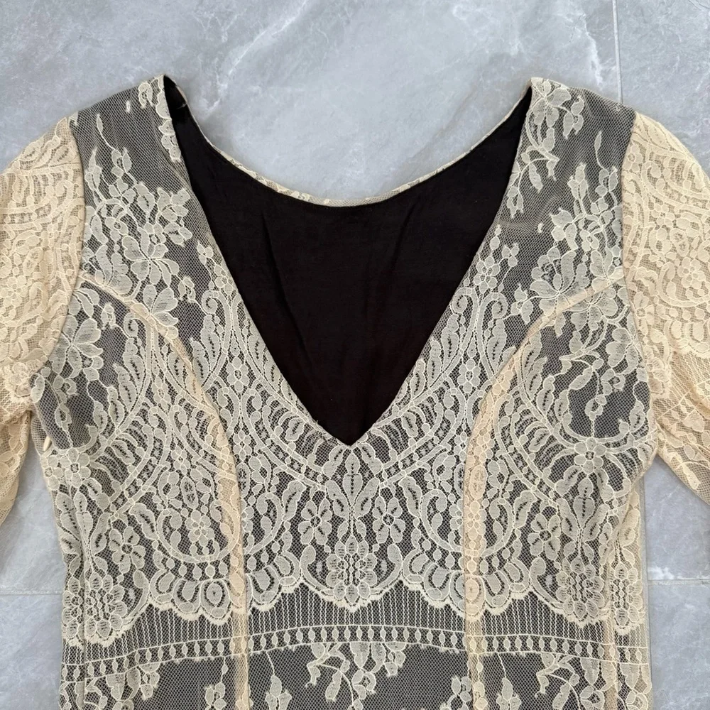 Women’s Free People Lace Open V Back Dress Long Sleeve Lined Boho Size Small - Picture 11 of 16